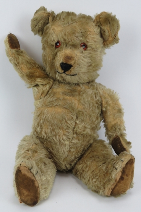 A vintage golden mohair plush teddy bear with growler. 55 cm approximate height. Condition report: