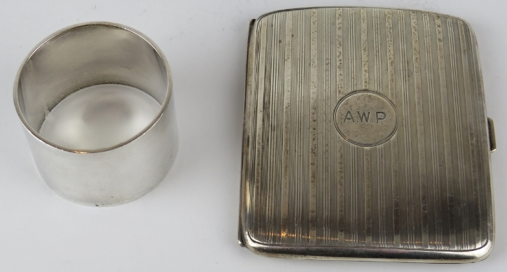 A 1918 hallmarked silver cigarette case, a silver topped jar, silver napkin ring and a boxed - Image 2 of 5