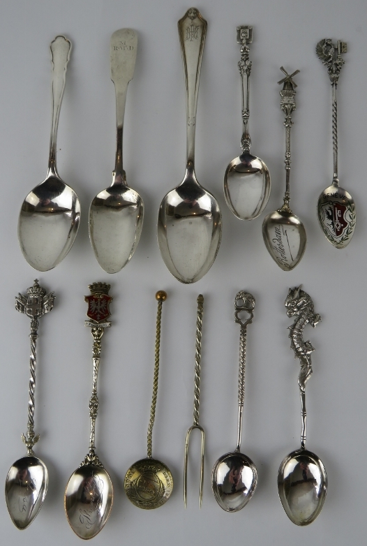 11 mixed silver and white metal teaspoons and a fork, including three fully hallmarked, three with