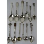 11 mixed silver and white metal teaspoons and a fork, including three fully hallmarked, three with