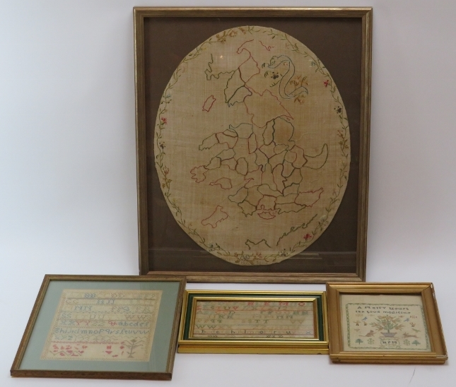 An oval needlework sampler of Great Britain together with three other samplers, 19th/20th century.