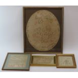 An oval needlework sampler of Great Britain together with three other samplers, 19th/20th century.