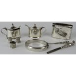 Mixed hallmarked silver to include a pair of mustard pots, bangle, hip flask cup, two thimbles,