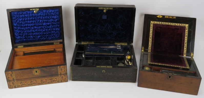 Three Victorian wooden writing boxes. Some miscellaneous contents included as illustrated. (3 items) - Image 2 of 3
