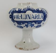 A Dutch Delft apothecary jar, 18th century. Of compressed globular form with a splayed circular