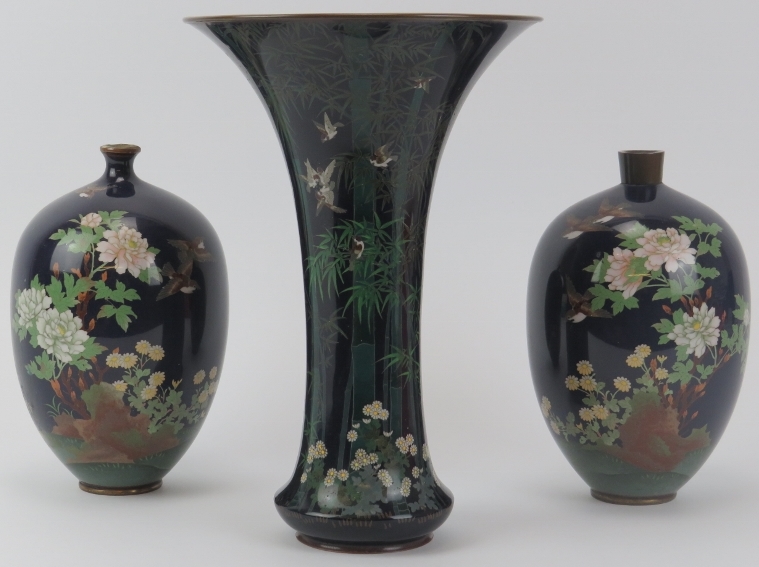 A pair of Japanese cloisonné enamelled vases and a large trumpet vase, late Meiji/Taisho period. (