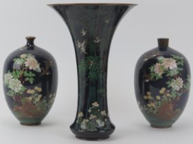 A pair of Japanese cloisonné enamelled vases and a large trumpet vase, late Meiji/Taisho period. (