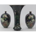 A pair of Japanese cloisonné enamelled vases and a large trumpet vase, late Meiji/Taisho period. (