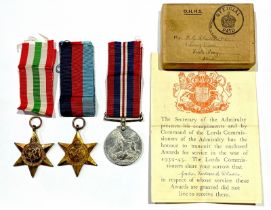 Militaria: A group of three WWII British medals. Comprising The Italy Star, The 1939 - 1945 Star and