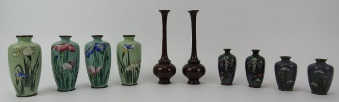 Eight Japanese cloisonné enamelled vases and a pair of bronze vases, late Meiji/Taisho period. (10