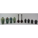 Eight Japanese cloisonné enamelled vases and a pair of bronze vases, late Meiji/Taisho period. (10