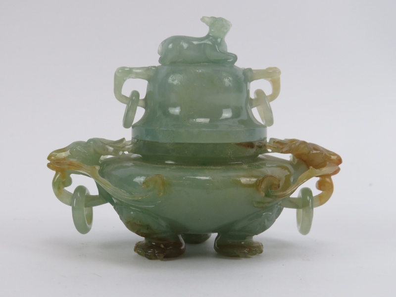 A Chinese carved jadeite tripod censer and cover, 20th century. Decorated with deer head ring - Image 3 of 4