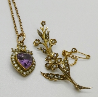 A sweetheart pendant set with an amethyst surrounded by seed pearls in yellow, on a yellow metal