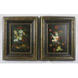 A pair of framed 20th century oils on board, Dutch style, 'Still life flowers', unsigned. 17cm x