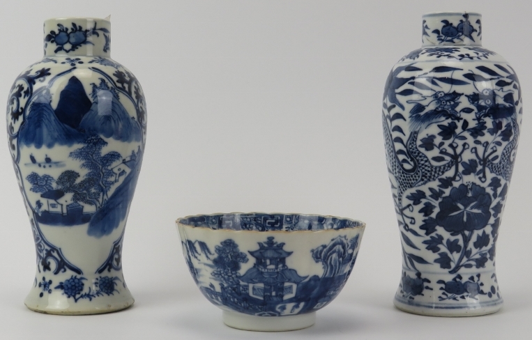 Two Chinese blue and white porcelain meiping vases and a scalloped bowl, 19th century. Both vases