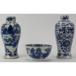 Two Chinese blue and white porcelain meiping vases and a scalloped bowl, 19th century. Both vases