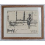 John Bratby RA - A framed & glazed pencil/charcoal drawing, 'Lady in a shawl looking to Africa