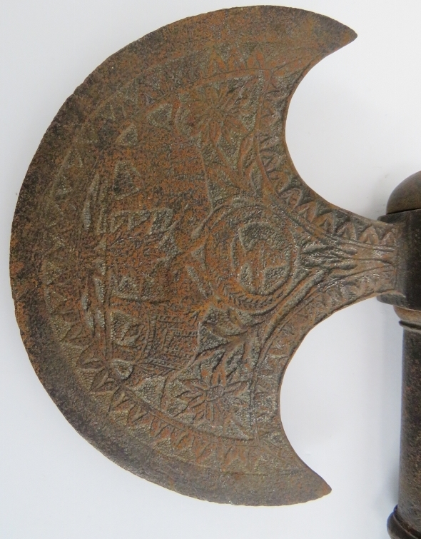 An unusual Indian steel axe with concealed blade, 19th century. The axe head of crescent form - Image 4 of 7