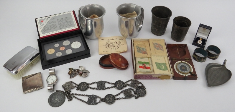 A mixed lot of collectables. Notable items include a F. Barker & Son WWI military compass, a Royal