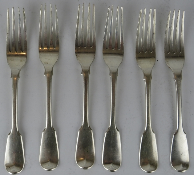 Set of six George IV silver fiddle pattern forks, each engraved with a dragon's head crest.