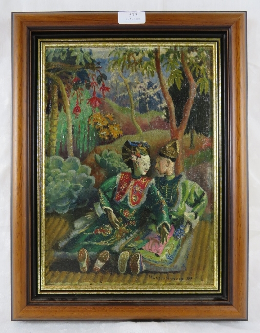 Harold Harvey - A later framed oil on canvas, study of 'Figures in a garden setting', signed