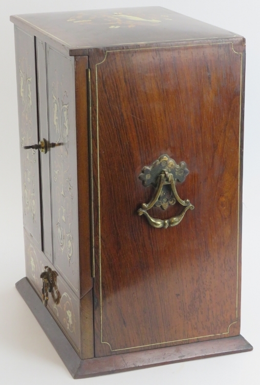 Tobacconalia: An Edwardian rosewood and marquetry inlaid smokers cabinet. Decorated with cherubs, - Image 5 of 8