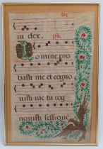 A Medieval style illuminated musical manuscript, probably 19th century. Painted and inscribed on