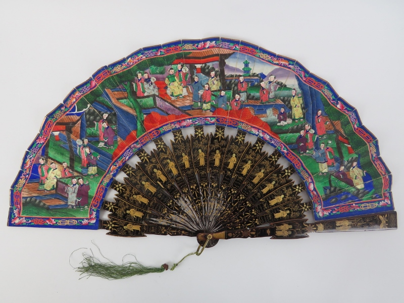 A Chinese Canton lacquered and painted folding fan, 19th century. Decorated to both sides, the black - Image 2 of 2