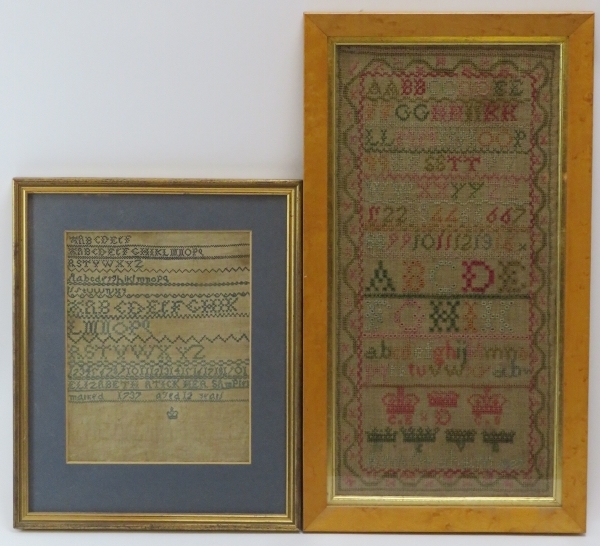 Two Georgian period needlework samplers. Dated 1737 (George II) and 1827 (George III). Framed and