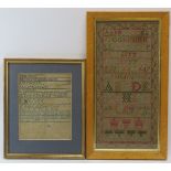 Two Georgian period needlework samplers. Dated 1737 (George II) and 1827 (George III). Framed and