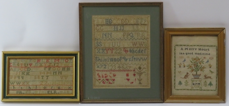 An oval needlework sampler of Great Britain together with three other samplers, 19th/20th century. - Image 2 of 2