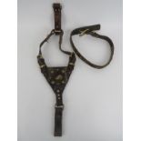 A vintage leather and brass mounted bull dog harness and collar. Harness: 67 cm approximate