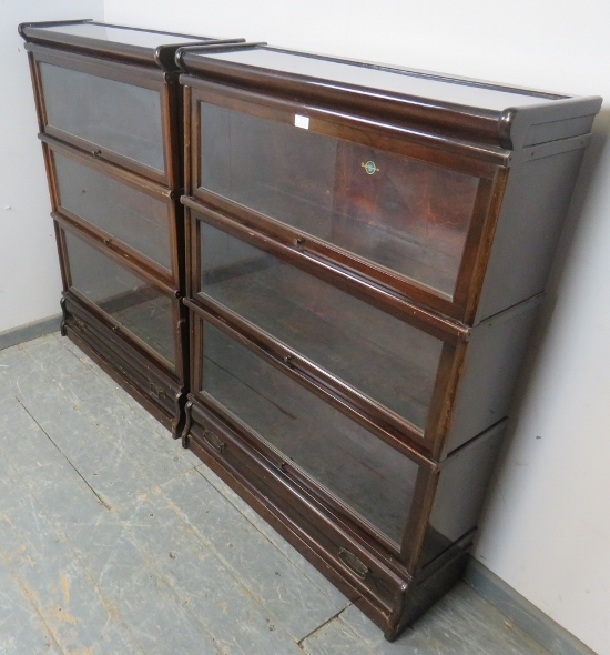 A pair of early 20th century mahogany stacking glazed bookcases by Globe-Wernicke, each comprising - Image 2 of 3