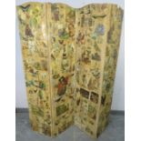 A Victorian four-section folding screen with applied decoupage decoration depicting a multitude of