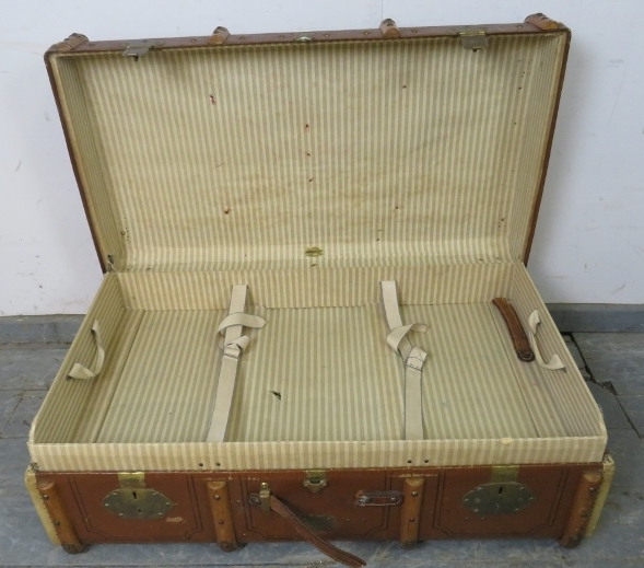 An early 20th century Swiss bentwood, brass and leather mounted steamer trunk by E. Letsche, - Image 4 of 4