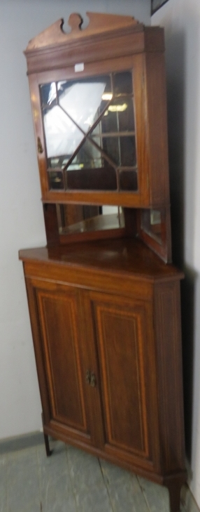 An Edwardian mahogany tall corner cupboard, crossbanded and parquetry strung, the top section with - Image 2 of 2