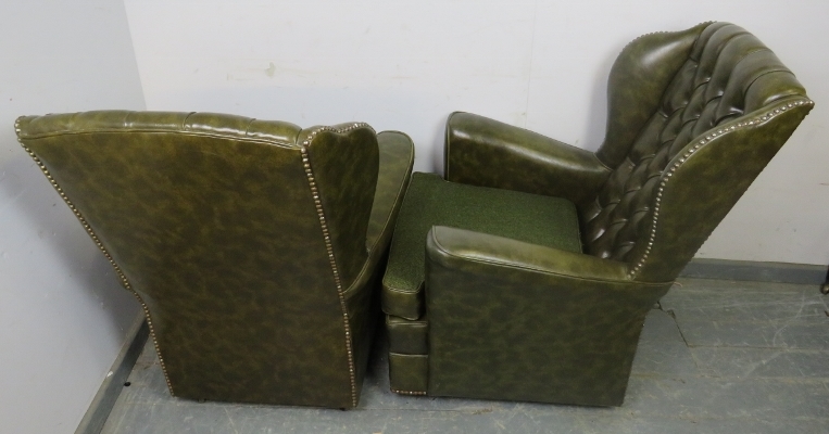 A pair of vintage Chesterfield style wingback armchairs, upholstered in faux green leather with - Image 3 of 3