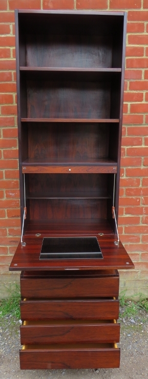 A mid-century Danish hardwood tall drinks cabinet, having three open shelves above a fall-front - Image 3 of 4