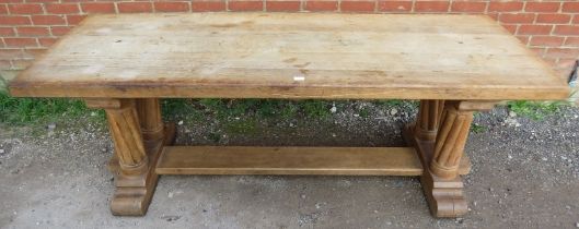 A bespoke vintage light oak refectory style table, the planked top on four rope twist carved