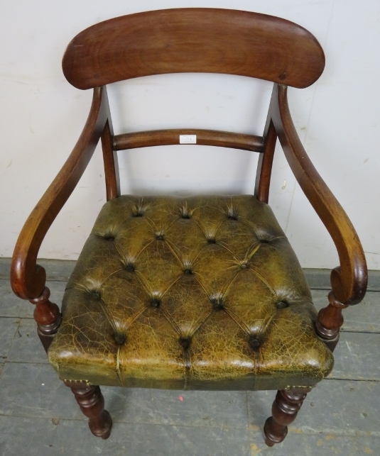 An early Victorian mahogany desk chair upholstered in antique buttoned brown leather with brass - Image 3 of 4