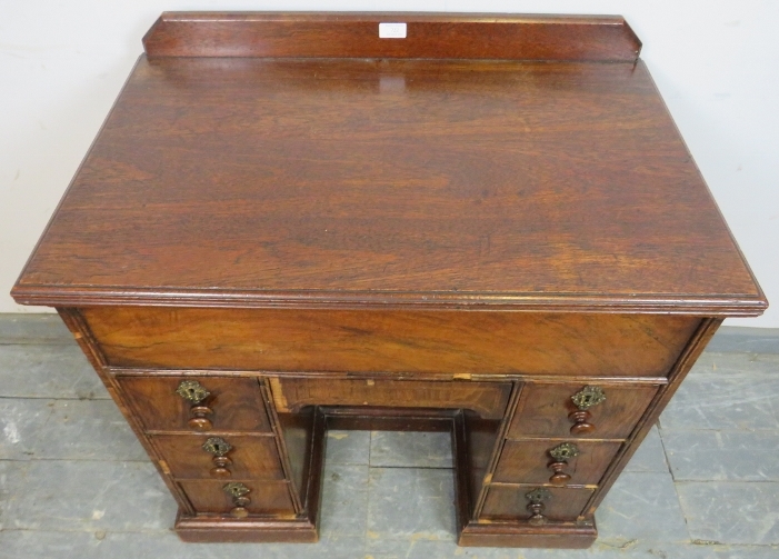 An 18th century and later walnut and oak ladies’ kneehole desk, housing central blind drawer above a - Image 3 of 3