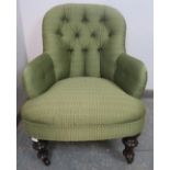 A Victorian mahogany bedroom chair, upholstered in buttoned green damask, on turned supports with