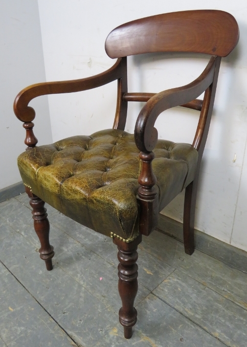 An early Victorian mahogany desk chair upholstered in antique buttoned brown leather with brass - Image 2 of 4