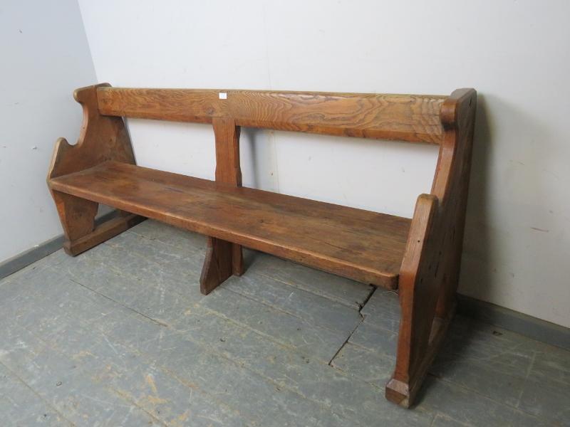 An antique elm & pitch pine pew/hall bench, having carved end supports in the manner of Pugin. H80cm - Image 2 of 3