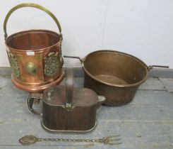 A selection of antique brass and copper comprising a log bin, antique watering can and cooking