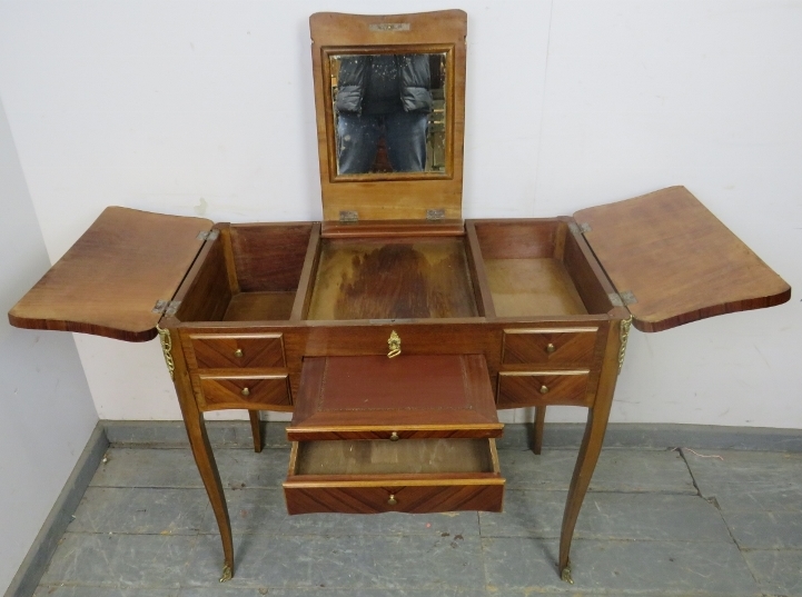 A vintage French mahogany and tulipwood dressing table with gilt brass mounts, the rising central - Image 3 of 3