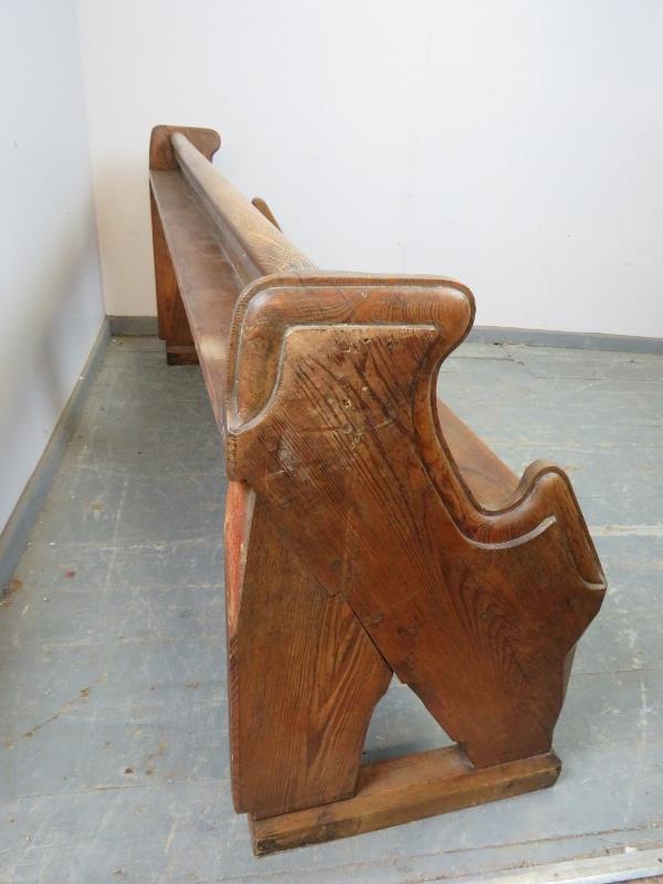 An antique elm & pitch pine pew/hall bench, having carved end supports in the manner of Pugin. H80cm - Image 3 of 3