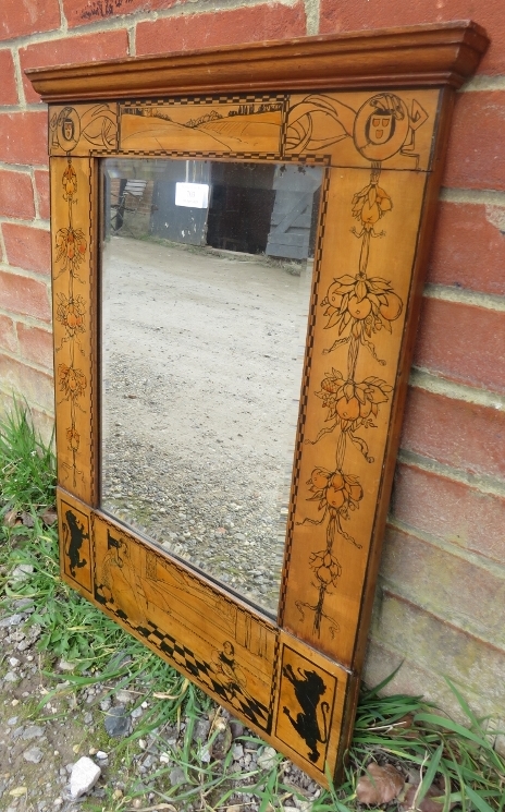 An unusual Arts & Crafts Period bevelled wall mirror, the walnut surround with stepped cornice and - Image 2 of 3