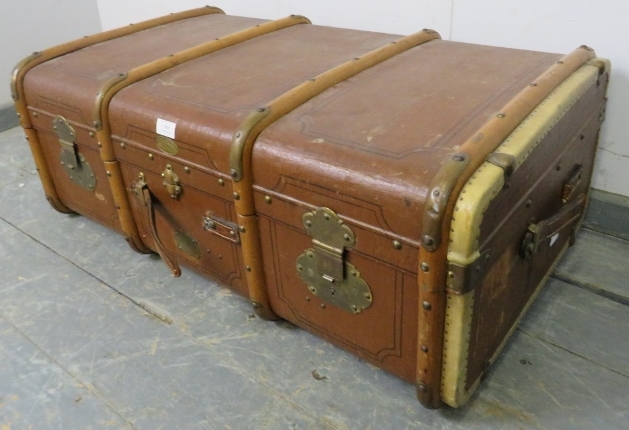 An early 20th century Swiss bentwood, brass and leather mounted steamer trunk by E. Letsche, - Image 2 of 4