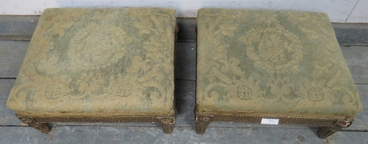A pair of Regency Period giltwood footstools, retaining the original upholstery, on fluted - Image 3 of 3
